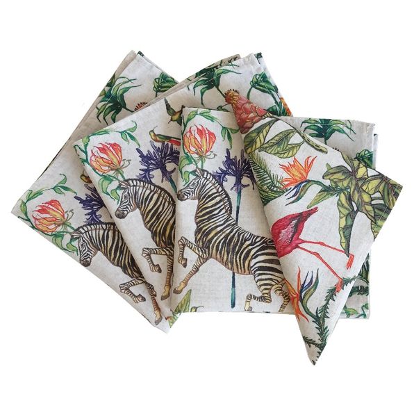 Vintage Zebra Printed Fabric Napkins 45x45cm - Pack of 4