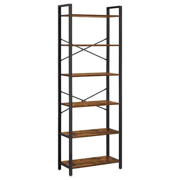 6-Tier Bookshelf - Tall Rustic Steel Bookcase