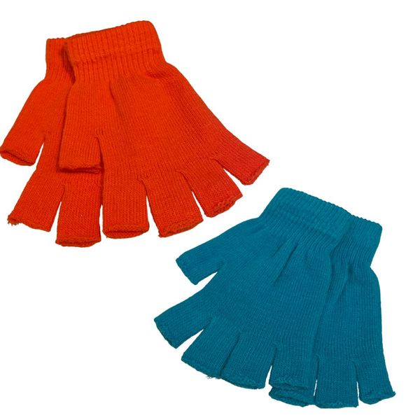Women Fingerless Gloves Set Of 2 Pair/Orange&amp;turqoise