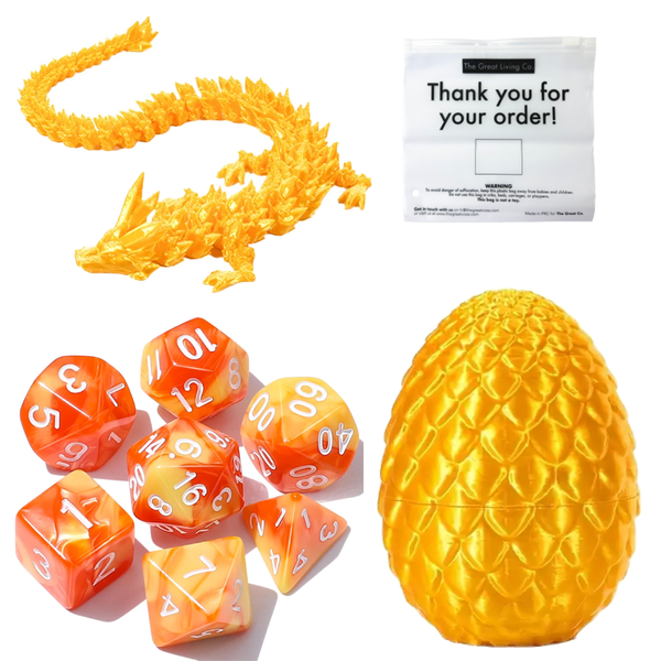 DND Dragon Egg Set with 3D Printed Dragon &amp; 7 Dice in Reusable Zipper Bag