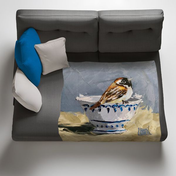 Bird Cup with Blue Light Weight Fleece Blanket by Juanette Menderoi