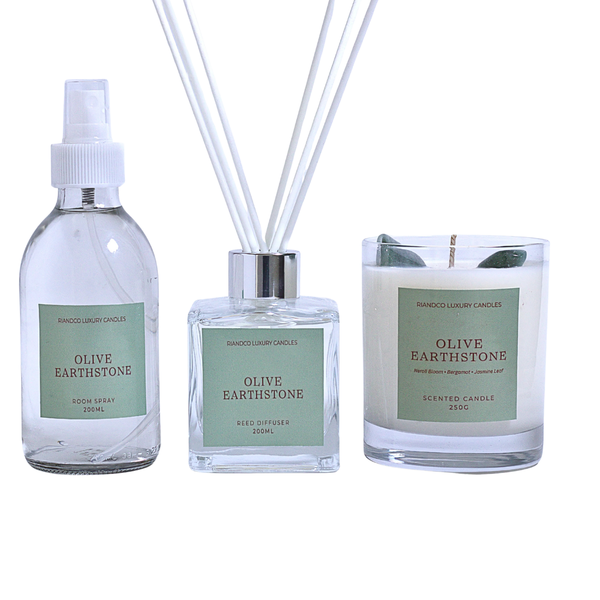 Olive Earthstone- Home Fragrance Gift Set Candle, Reed Diffuser and Room Spray