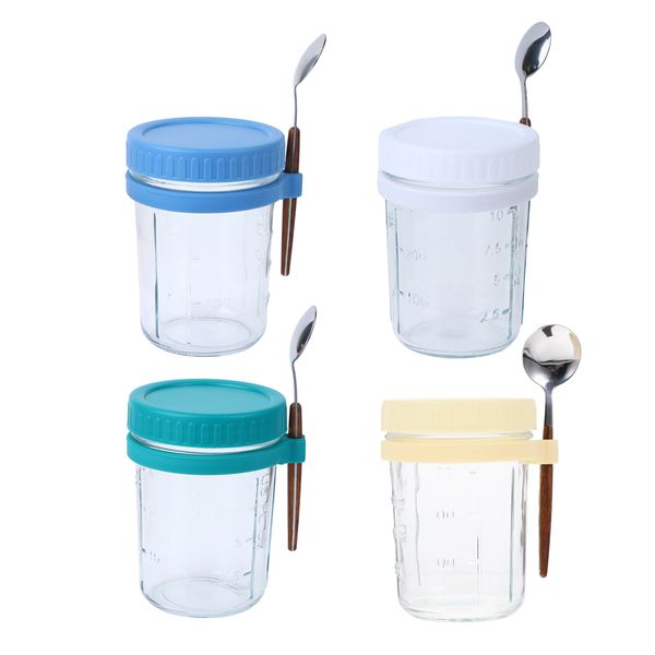 4 Piece 350ml Oats Containers Set with Lids Spoons and Straws