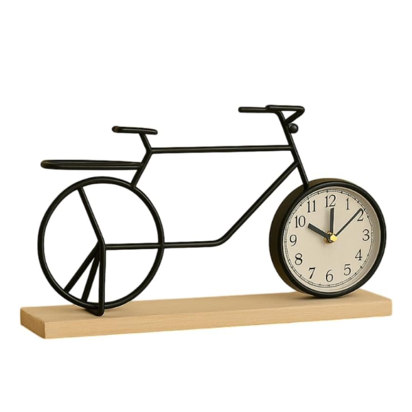 Bicycle Design Desk Clock Metal Frame &amp; Wooden Base -30x17cm