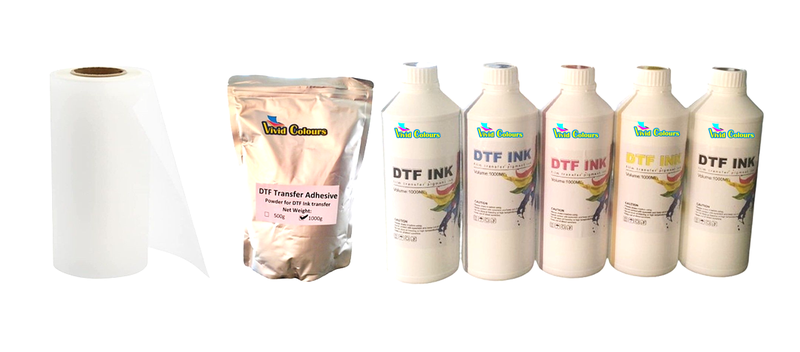 Vivid Colours Compatible DTF Bottle Ink / Film &amp; Powder Combo