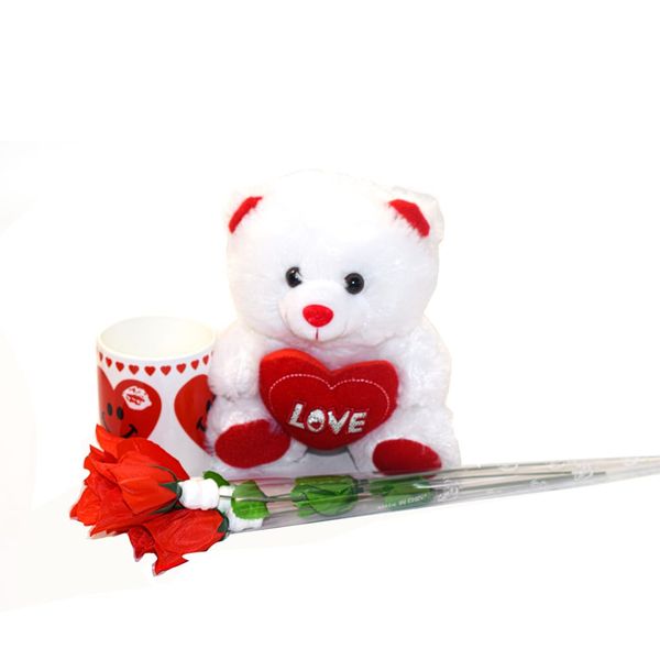25cm WhiteTeddy Bear &amp; Valentine's Day Mug and 4x Plastic Rose Set