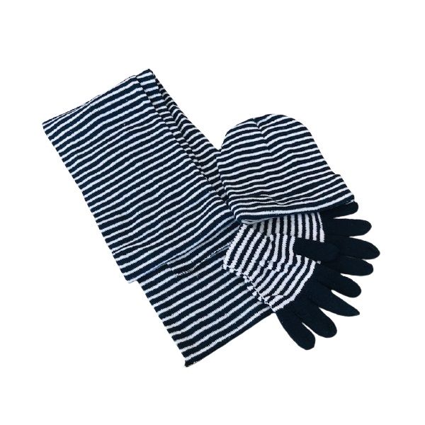 Scarf, Beanie &amp; Gloves Set - Navy Blue &amp; White