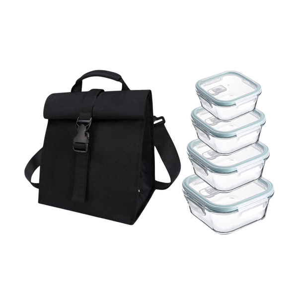 Roll-Up Thermal Lunch Tote with 4-Piece Square Glass Container Set
