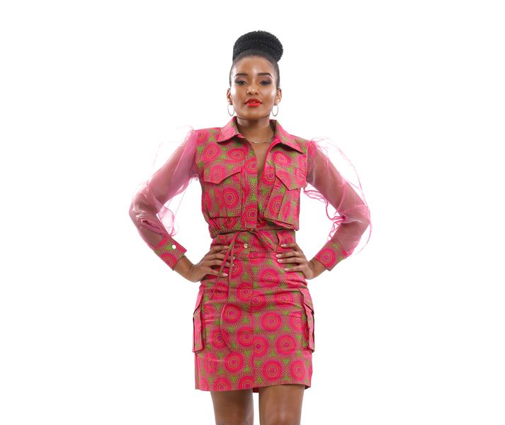 Selphies African Print Shweshwe 3Cats cargo Skirt 2 Piece Set-Pink-Green