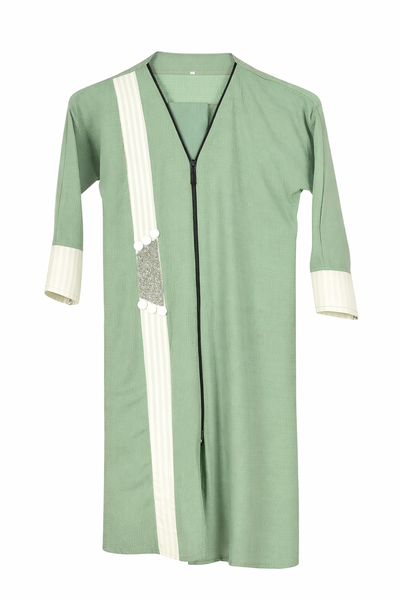 Girls Plain Green Ankle Length Abaya with Beaded Panel &amp; Front Zip Closure