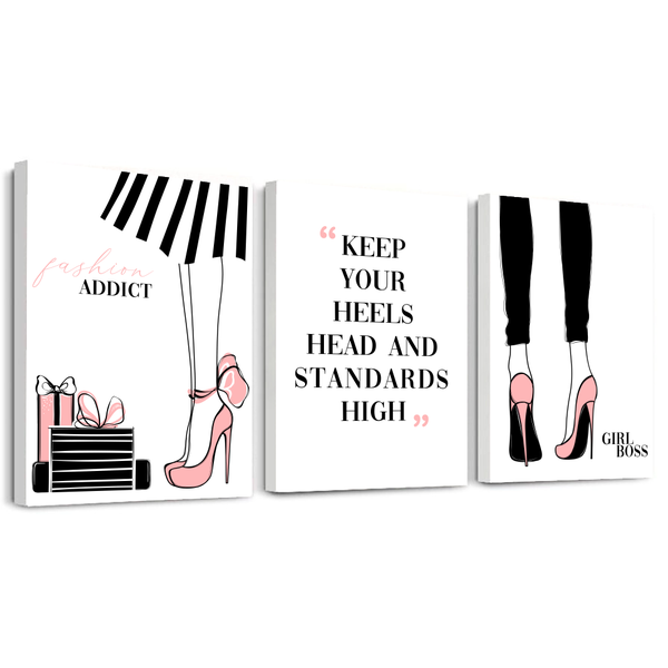 A3 Wall Art Prints on White Veneered Chipboard - Fashion Addict - Set of 3