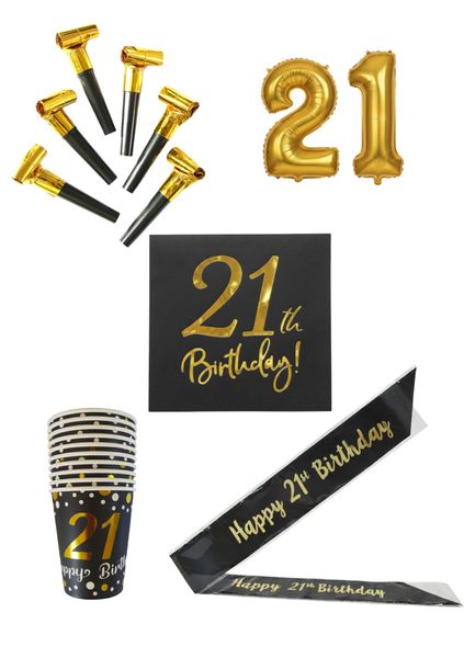 Black &amp; Gold Happy 21st Birthday Party Pack Combo Decorations &amp; Serveware