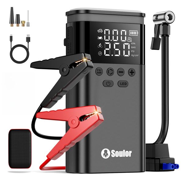 5-in-1 Car Jump Starter with Air Compressor, Power Bank, and LED Light