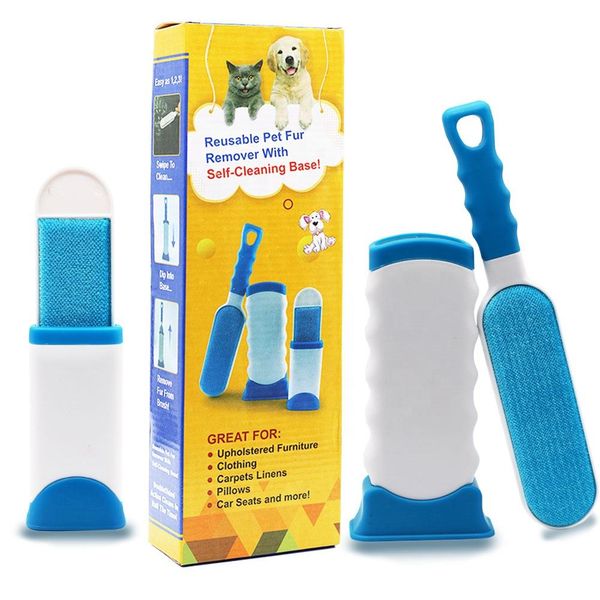 Reusable Pet Fur Remover with Self-Cleaning Base - White, Blue