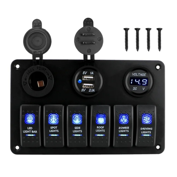 Waterproof Rocker Switch Panel Dual USB Voltmeter 12V/24V for Car Marine