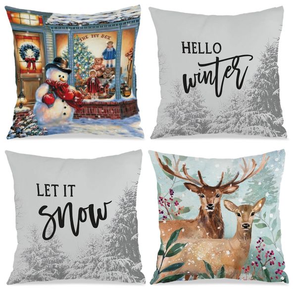 Set of 4 Snowscape Printed Cushion Cover, 45x45cm Washable Cushion Case