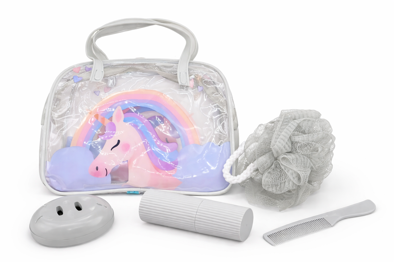5 piece Kids Toiletry Travel Cosmetics Set with Refillable Bottle &amp; Comb