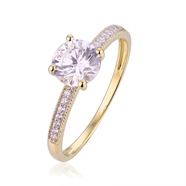 Genuine 9K Gold, Solitaire, Cubic Zirconia Pave' Shoulders Ring