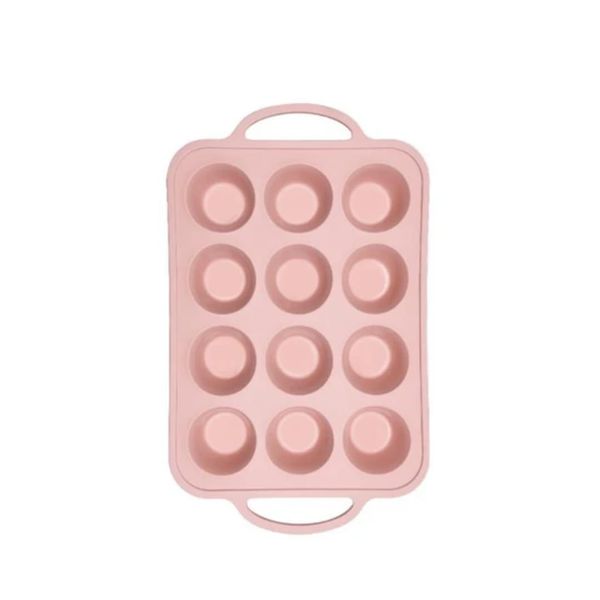 Silicone Muffin Cupcake Non-Stick Baking Pan With Metal Rim Handles 12 Cups