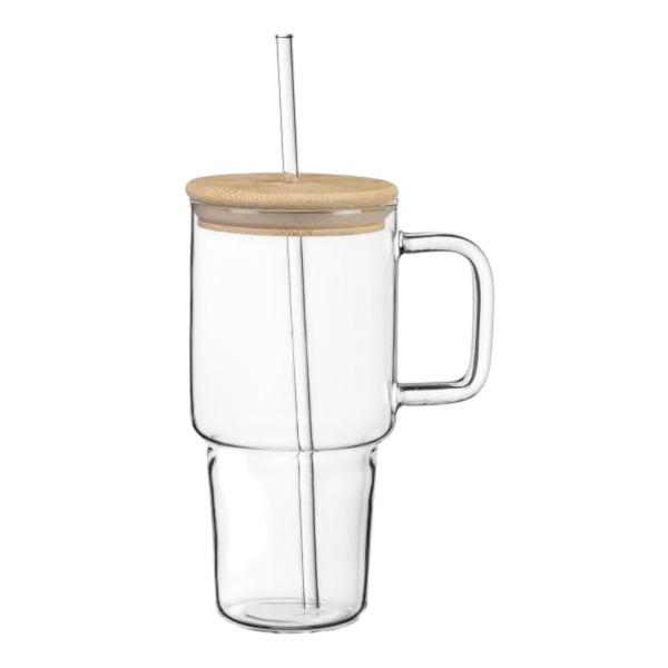 Glass Tumbler Cup Clear Plain 700ml With Bamboo Lid &amp; Glass Straw
