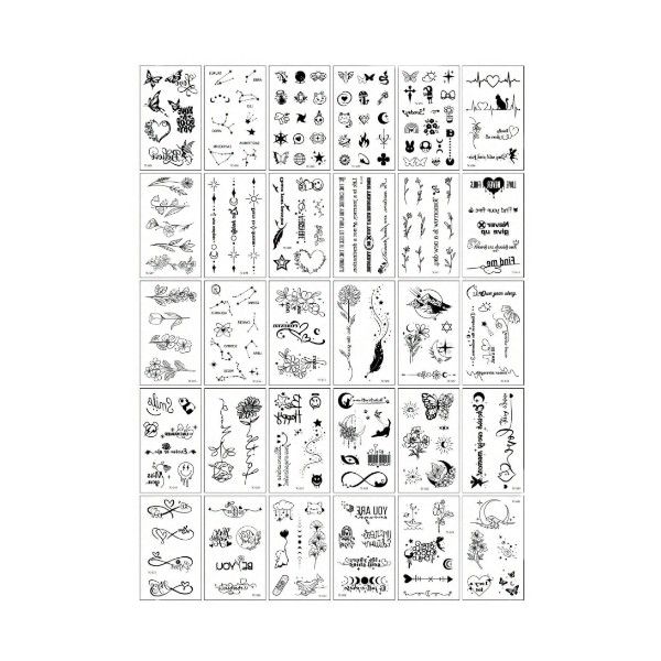 30 Piece - Artistic Temporary Tattoo Sheets With Various Prints - Black