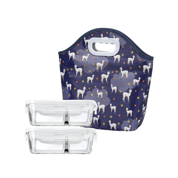 Thermal Insulated Lunch Tote with Glass Food Containers - Llama