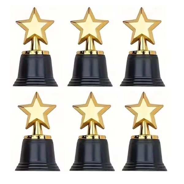 Toy Mini Plastic Gold Star Trophy Award Classroom Prize (9cm) - 6 Piece