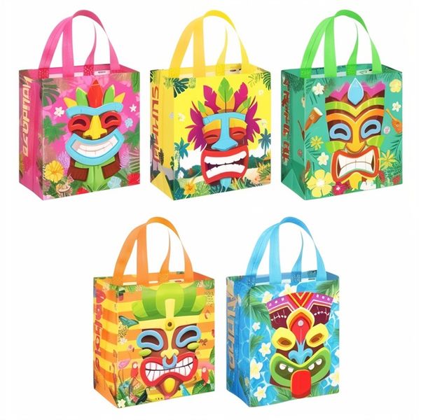 Tropical Hawaiian Tiki Mask Plastic Party Pack Loot Tote Bags - Set of 5