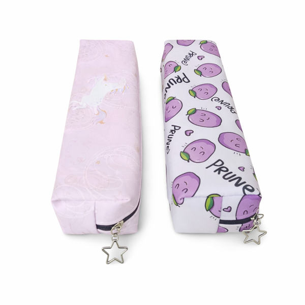 Cute Pastel Pencil Case with Unicorn &amp; Prune Print and Star Zip Charm