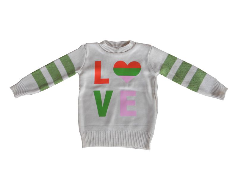 Children's "LOVE" Design &amp; Heart Shape Long Sleeve Sweater - Cream/Green