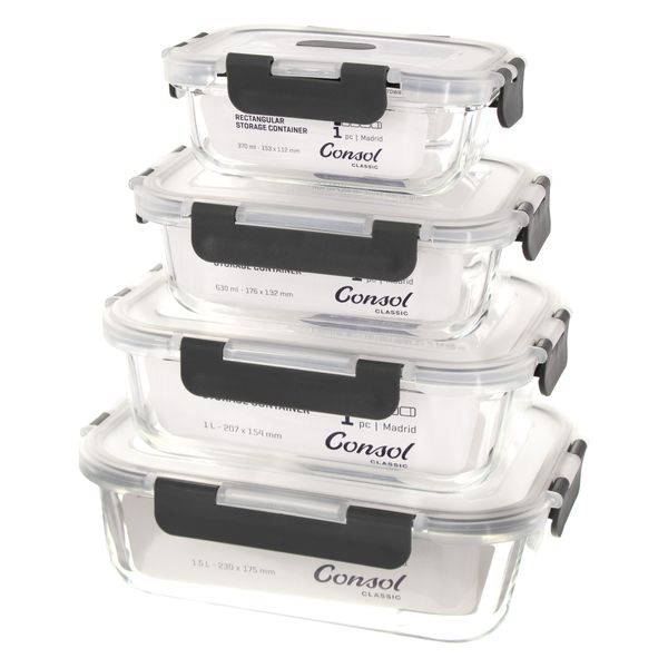 Consol - Madrid Storage Containers Clip &amp; Vented Lids 4pce 1.5L &amp; 1L - 630ml &amp; 370ml