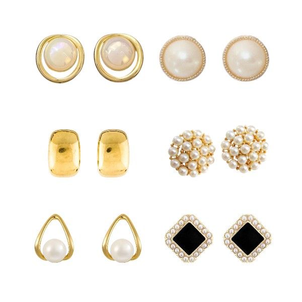 6 Pairs - Pearl Inlaid Abstract Earrings With Various Designs - Gold