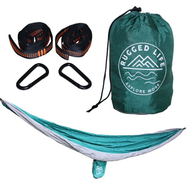 Rugged Life Hammock with Daisy Chains &amp; Carabiners - 200kg Capacity - Green
