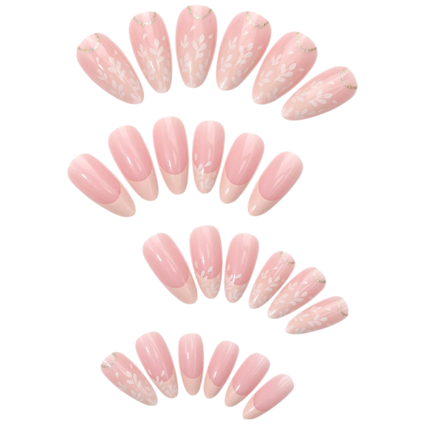 24 Piece Almond Press-On Nails With Delicate Leaf Patterns And Glitter - Pink