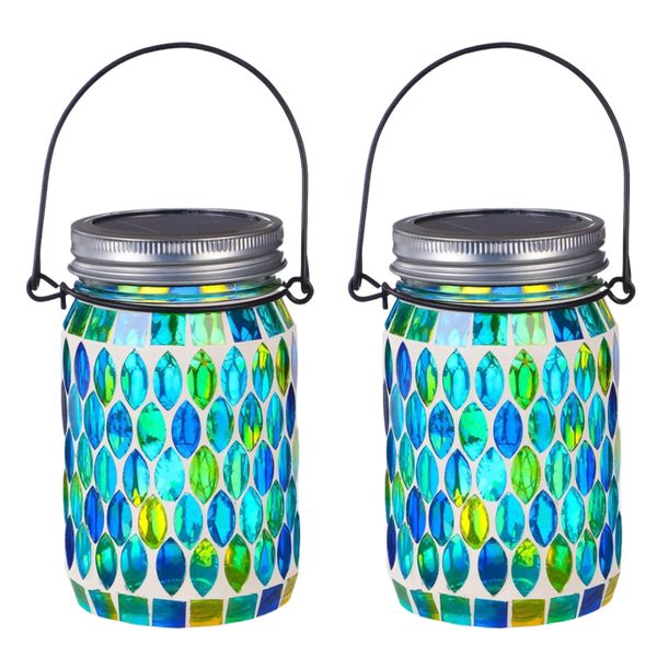 2PCS Mosaic Lights Solar Outdoor Hanging Lanterns,Outdoor Waterproof Lights