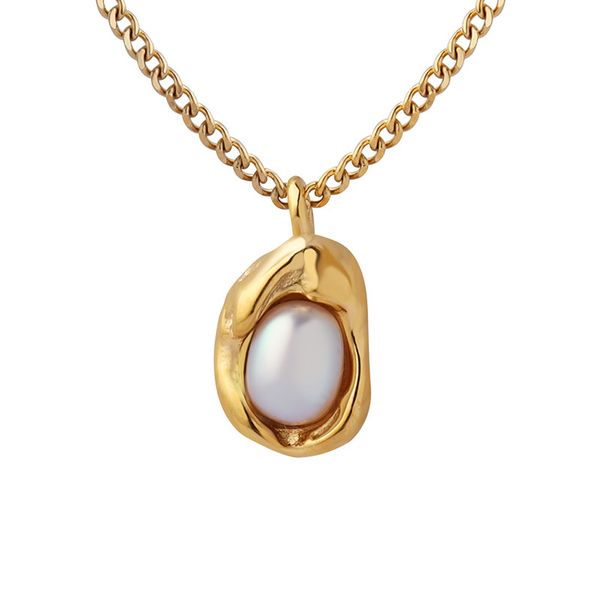 Cuban Chain Pearl Necklace - Gold Plated Titanium Steel Pendant