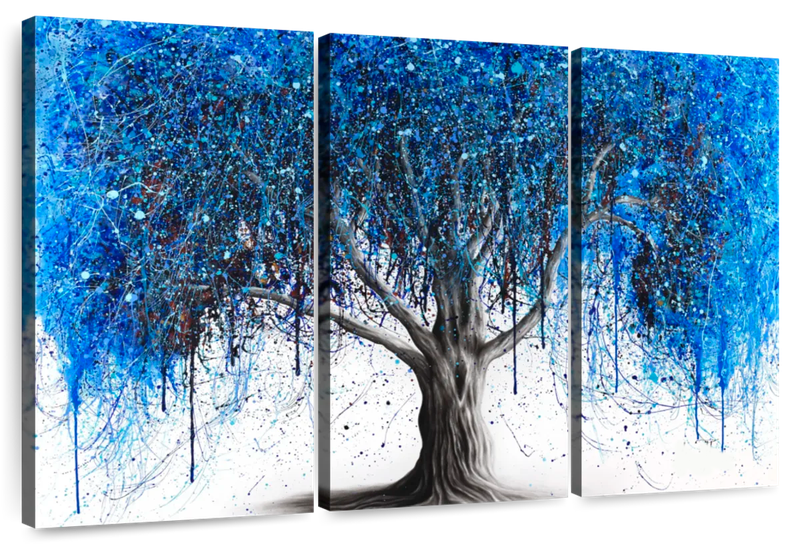 Canvas Art - Blue Moonlight Tree 3 Piece Abstract Painting Canvas Wall Art