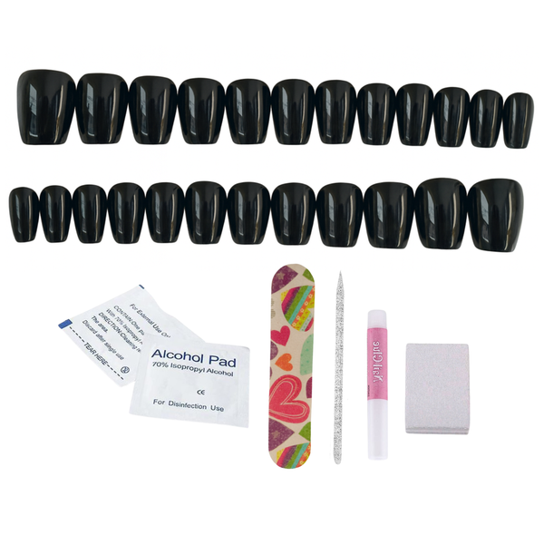 Handmade Black Short Coffin Press-On Nails - 24 Nails + Application Kit