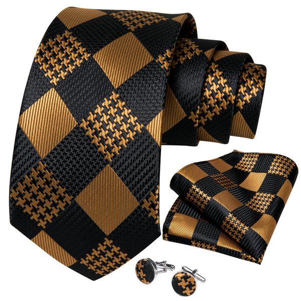 IPSTYLE Mens Tie Black Golden Jacquard Necktie Pocket Square Cufflinks Set