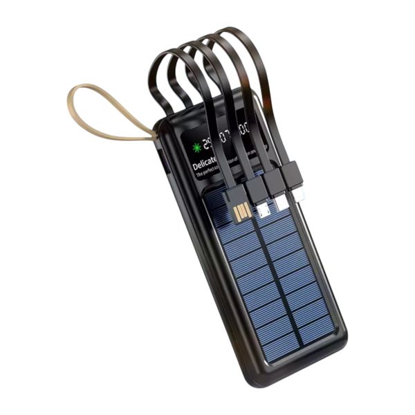 Black 20000mAh Solar Bank with 4 Built-In Cables &amp; LED Display - Portable