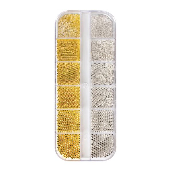 Gold &amp; Silver Caviar Beads Nail Art Decoration Set - 6 Sizes, 12 Grids