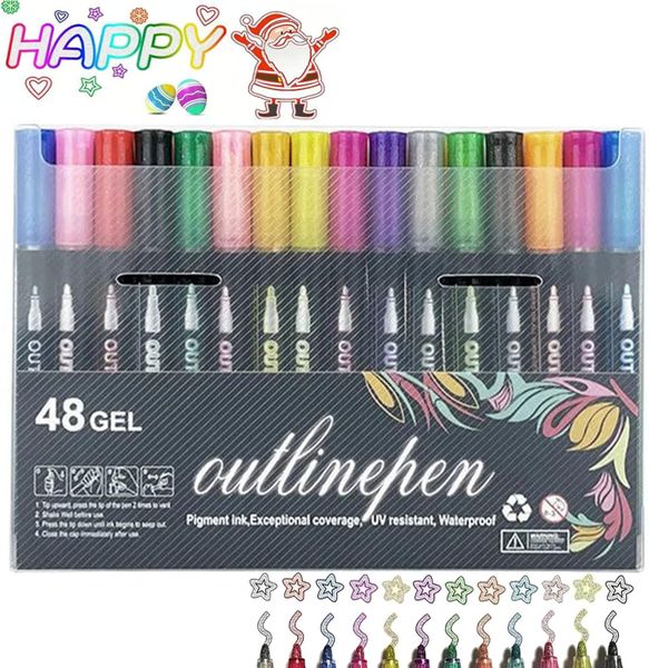 48pcs of Double-Line Outline Fluorescent Markers, Metallic Highlighters