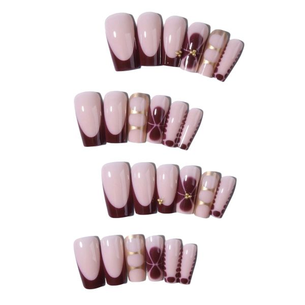 24 Pieces/Set Long Coffin Flower Design French Tip Press-On Nails