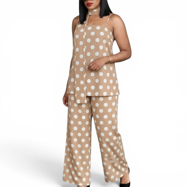 GlammeFab Spaghetti Strap Polka Dot Two-Piece Set -Nude