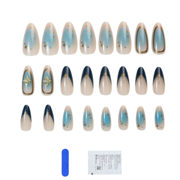 24Piece Gold Gradient Star Embellished Press-On Nail Set - Blue