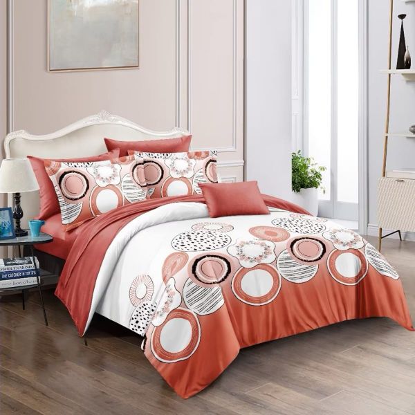Orange, White Polyester Round 6 Piece Duvet Cover set