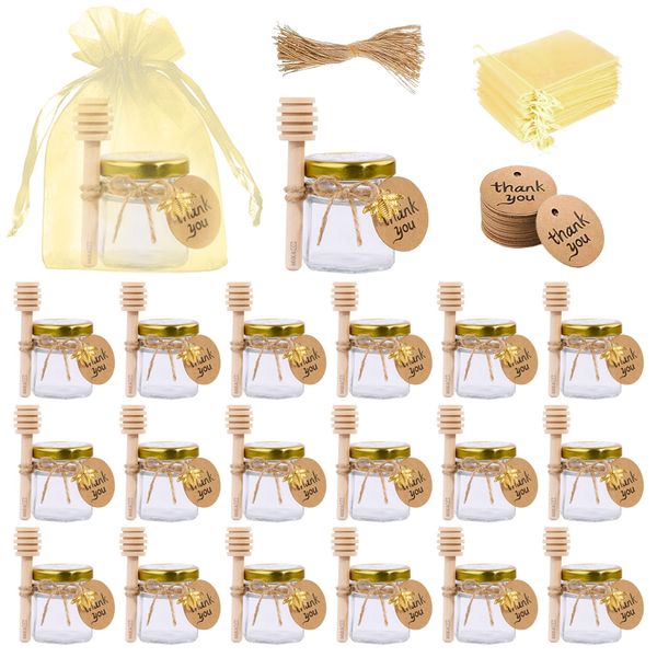MIkaco Mini Hexagon Glass Honey Jars with Golden Lids &amp; Mixing Dipper 20 Piece