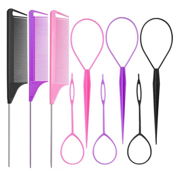 QYNIAL Hair Styling Tool Set 9 Pack - Topsy Tail Tools and Rat Tail Combs