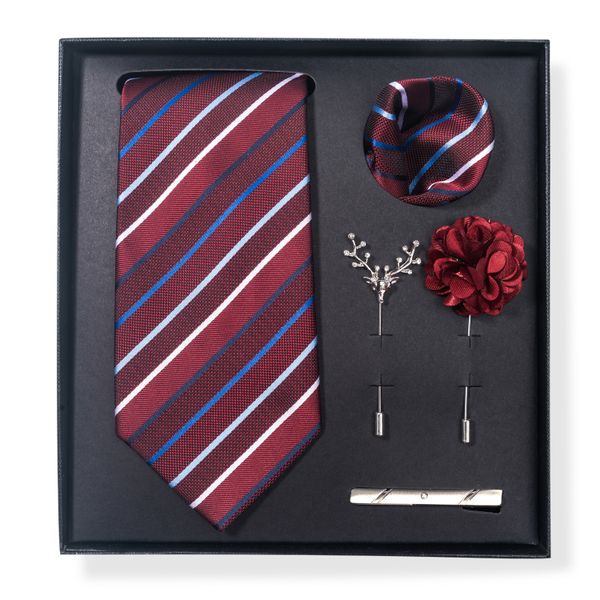 6 Piece Men's Striped Tie Gift Set, Necktie with Pocket Square-Tie Clip