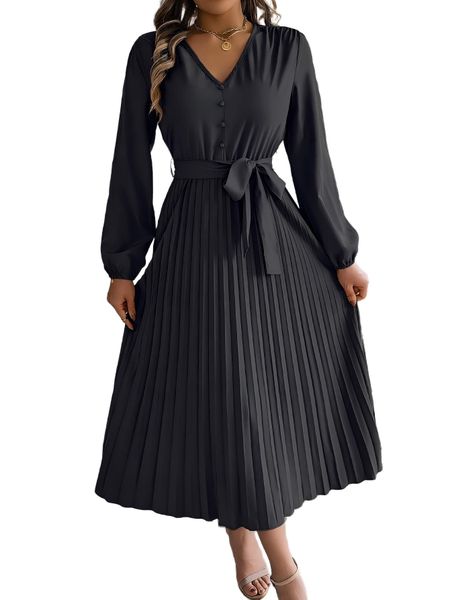 Autumn Winter V Neck Pleated Maxi Dress